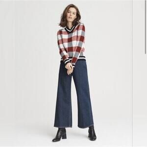 Rag & Bone 100% Fine Marino Wool V-Neck Sweater Red & Black Check Size XS NWOT